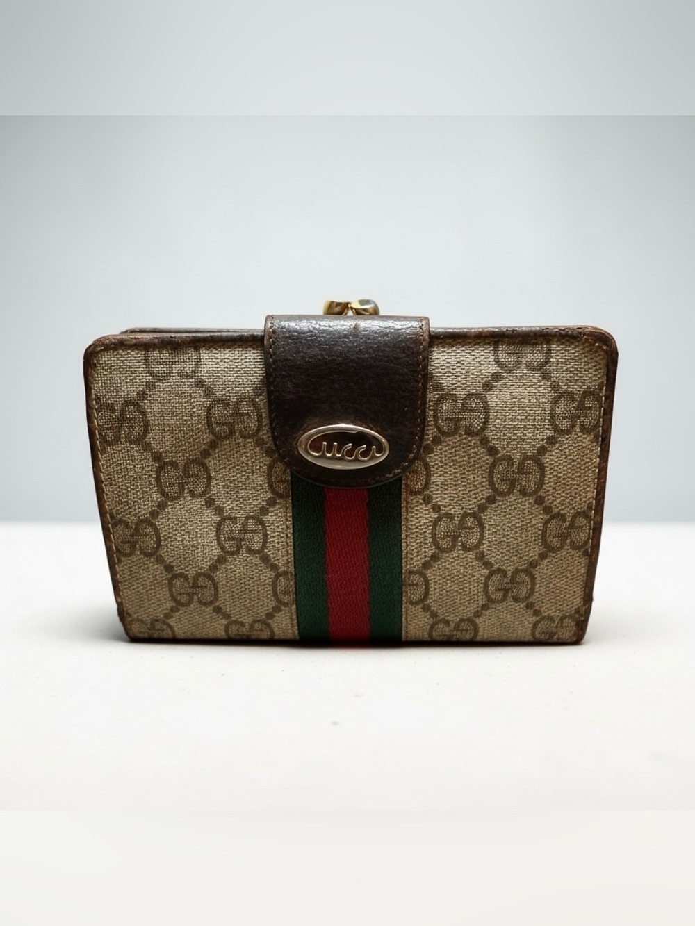 Vintage Gucci GG Supreme Web Stripe Compact Wallet Brown Italy Authenticated - Picture 1 of 16